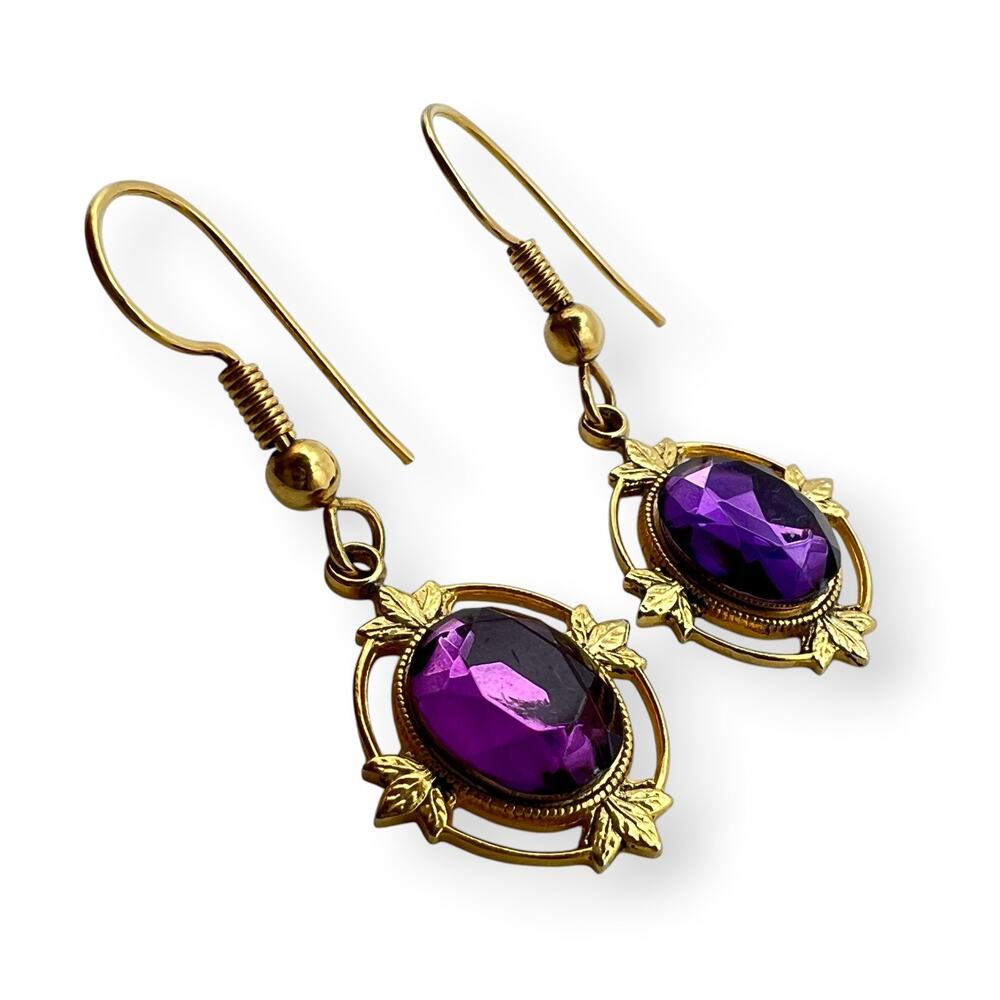 Dangle Earrings Purple Stone Ornate Gold Tone Drop Acrylic Sparkle Elegant Regal